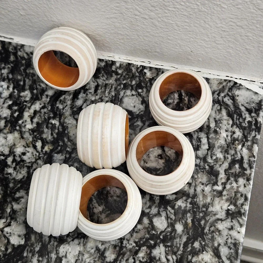 Set of 6 Whitewashed Ribbed Wood Napkin Rings Beehive Spherical Farmhouse Boho